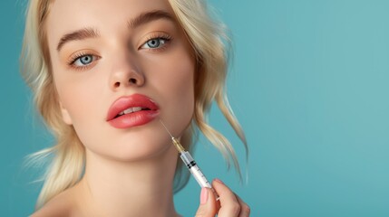 Fototapeta premium Blonde woman receiving beauty injection in lips, holding syringe over blue studio background, closeup, copy space