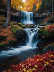 Scenic Fall Waterfall in Colorful Forest Setting