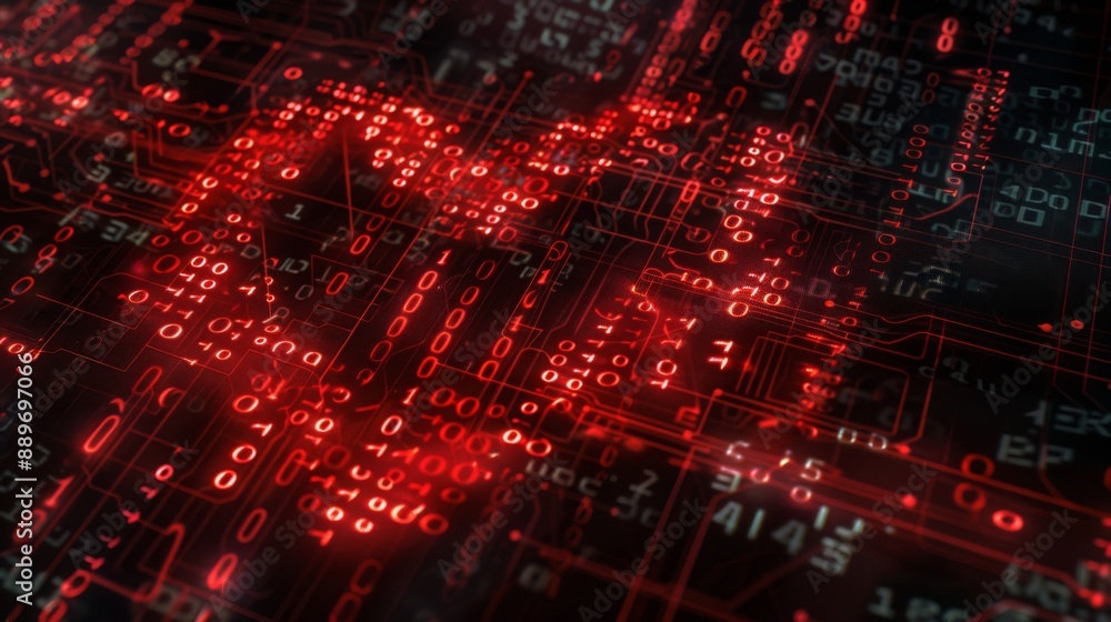 Poster A close-up view of glowing red binary code forming a pattern on a dark background.