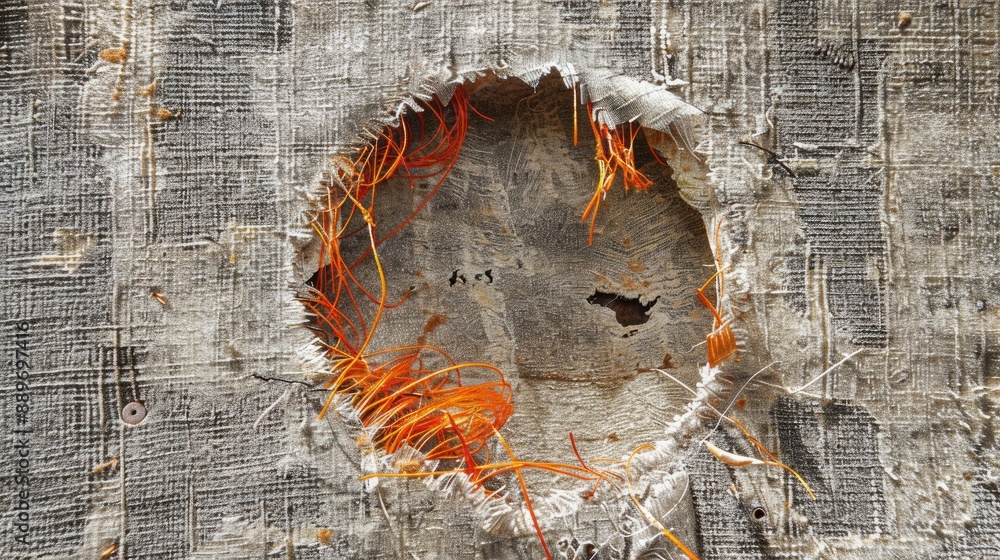 Aufkleber texture of worn fabric with round frame and ripped threads textile pattern hole with loose orange th