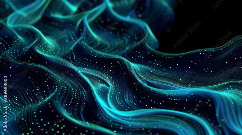 Poster a close-up of an abstract digital design, featuring blue and green wavy lines, glowing particles, an