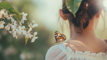 girl's shoulder, butterfly has landed on, the concept of tenderness and nature, beauty and fragility of nature