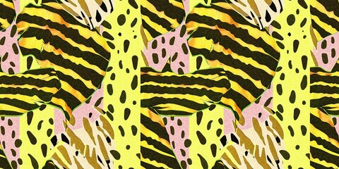 Fun girly camouflage border pattern in vibrant stripes and spotted seamless design . Modern skin banner texture patched effect for festival and beach wear style in ribbon repeat.