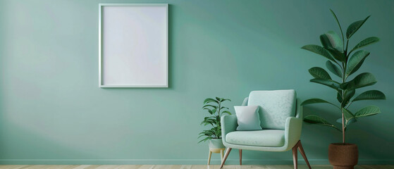 Experience relaxation with a cozy single sofa chr in gentle mint green, accompanied by a charming little rubber plant, and a blank empty white frame hanging on a serene, unembellished wall.