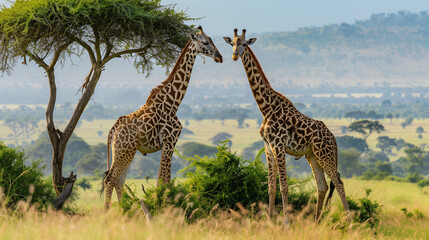 Obraz premium Giraffes feeding on treetops in the savannah