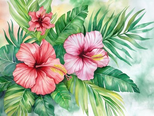 tropical flower with green leaves. Watercolor flower. Green foliage, wild floral