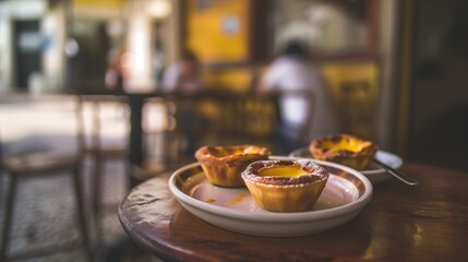 Traditional portuguese dessert, Pastel de nata. Egg tart on a tray in a cafe