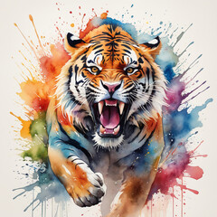 Portrait of roaring angry and aggressive tiger colorful watercolor painted.