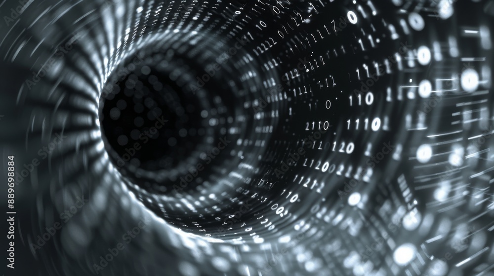 Aufkleber A swirling vortex of binary code, creating a tunnel effect with a black background.