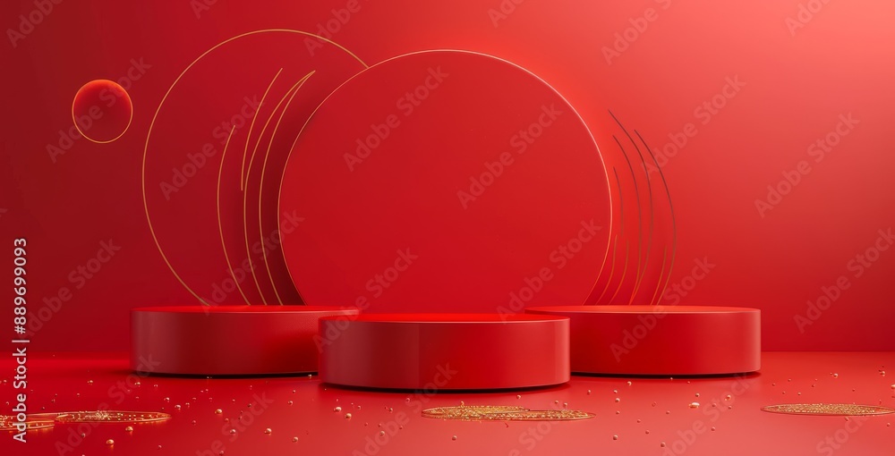 Poster red background with three red podiums in a minimalist abstract setting