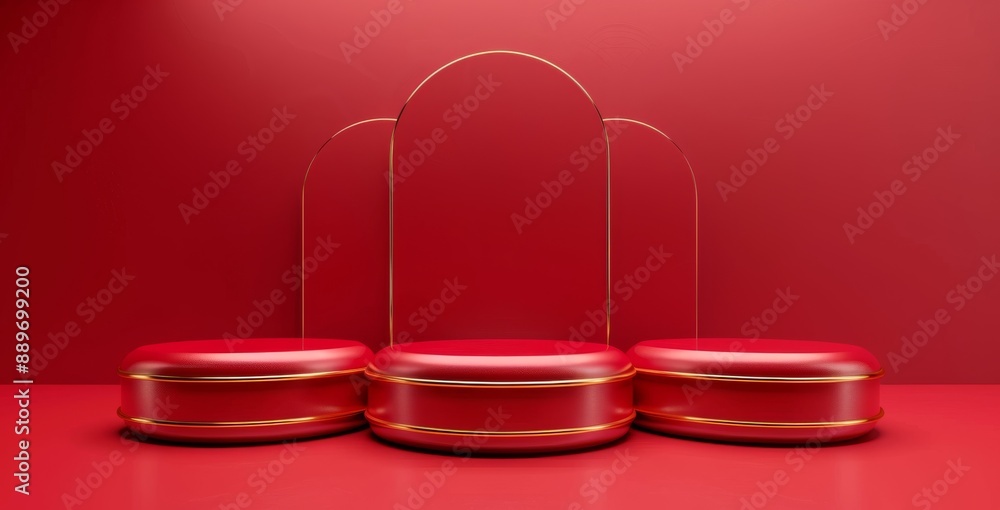 Poster minimalist red podium with golden arcs for product display in modern design