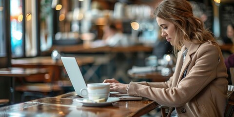 Fototapeta premium A woman sitting at a table using a laptop computer, perfect for office or home use