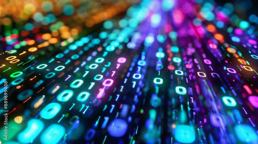 Aufkleber A close-up abstract view of binary code with bright, colorful lights.