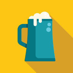 Blue beer mug overflowing with foamy beer head on a yellow background, perfect for representing concepts like oktoberfest and beer gardens