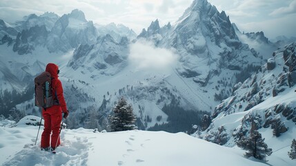 A Solo Hiker Admires a Snowy Mountain Range in the Italian Alps