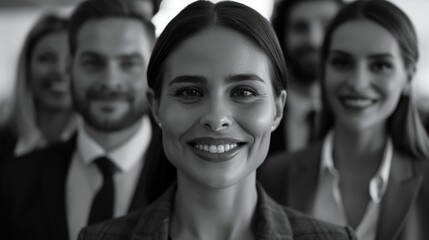 Obraz premium A woman smiling and standing among a group of professionals, great for corporate events or team photos