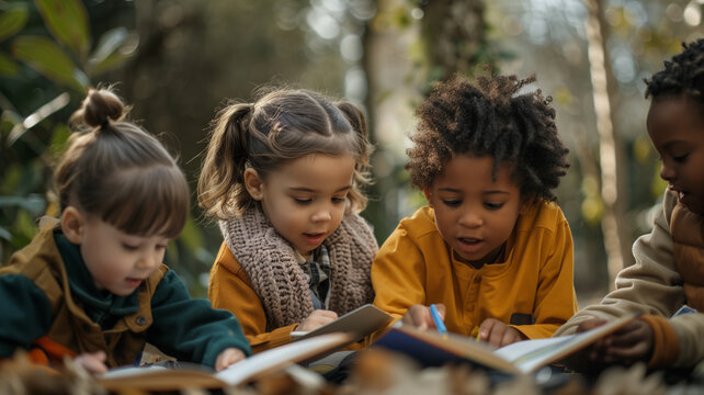 Diverse Group of Children Reading Books Together Outdoors