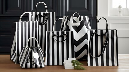 Black and white striped paper bags, perfect for gift wrapping or party favors.