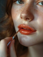 Obraz premium Woman applying lipstick