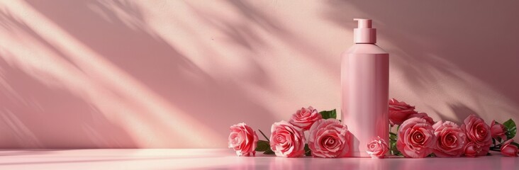 Pink Bottles of Lotion and Perfume With Roses in Soft Lighting