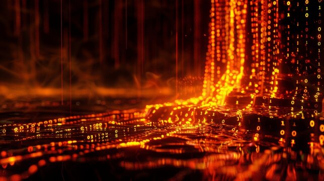 Orange liquid with smoke and glowing binary code raining down.