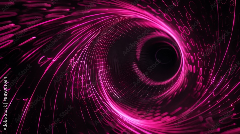 Poster Pink light trails form a swirling tunnel with a black center, surrounded by digital binary code.