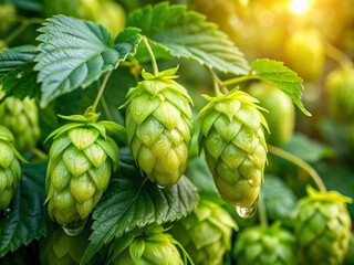 Fototapeta premium Freshly harvested ripe green hop cones sit among lush vine leaves, sparkling with morning dew drops, in a serene and tranquil rural plantation landscape.