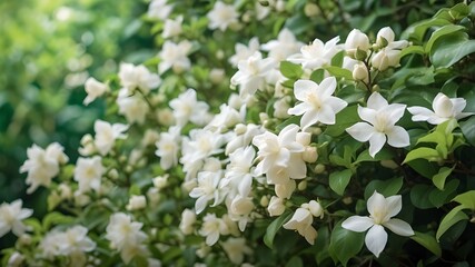 Gorgeous jasmine shrub in bloom with a green backdrop, a perfect spring border.