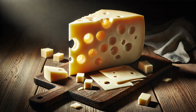 bloc de fromage suisse avec des trous caract&eacute;ristiques,  sur une table en bois