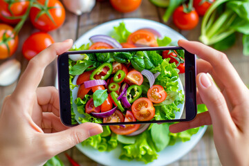 A person photographing a fresh and vibrant salad with a smartphone, highlighting the modern trend of food photography and healthy eating. Ideal for social media, food blogs, and wellness content.
