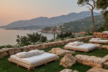 Sunset view of a beachside lounge area with cozy seating ideal for a tranquil and picturesque evening