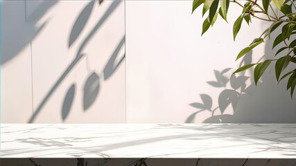 Marble table with tree shadow against white wall for organic appeal of product layout,