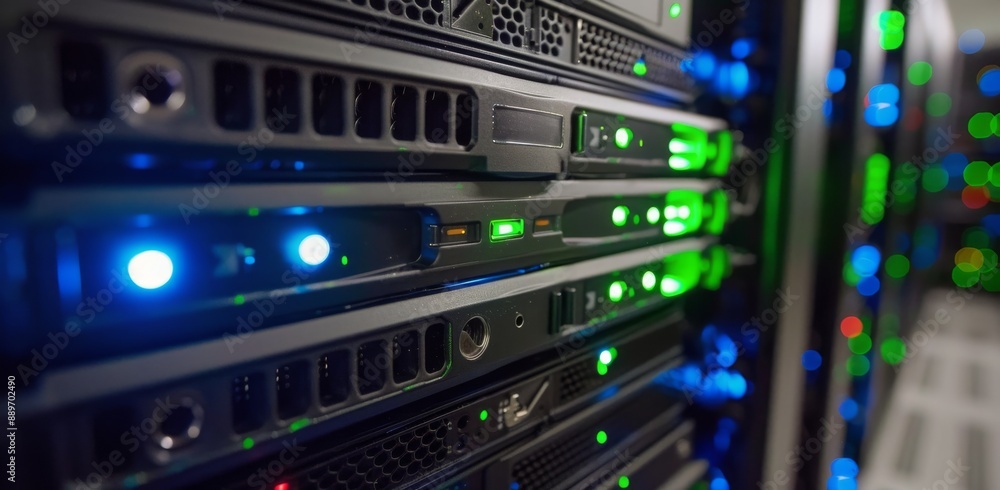 Poster close up of illuminated server racks in data center