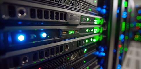 Obraz premium Close Up of Illuminated Server Racks in Data Center