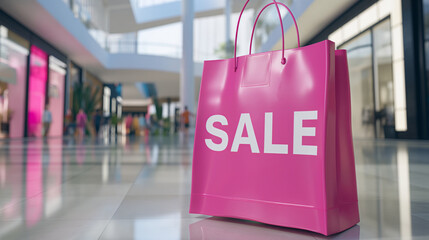 Pink shopping bag with word SALE in mall, concept of Black Friday, discount offer, banner with copy space