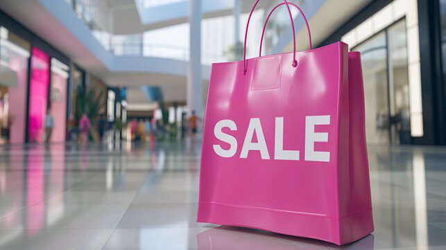 Pink shopping bag with word SALE in mall, concept of Black Friday, discount offer, banner with copy space - Powered by Adobe