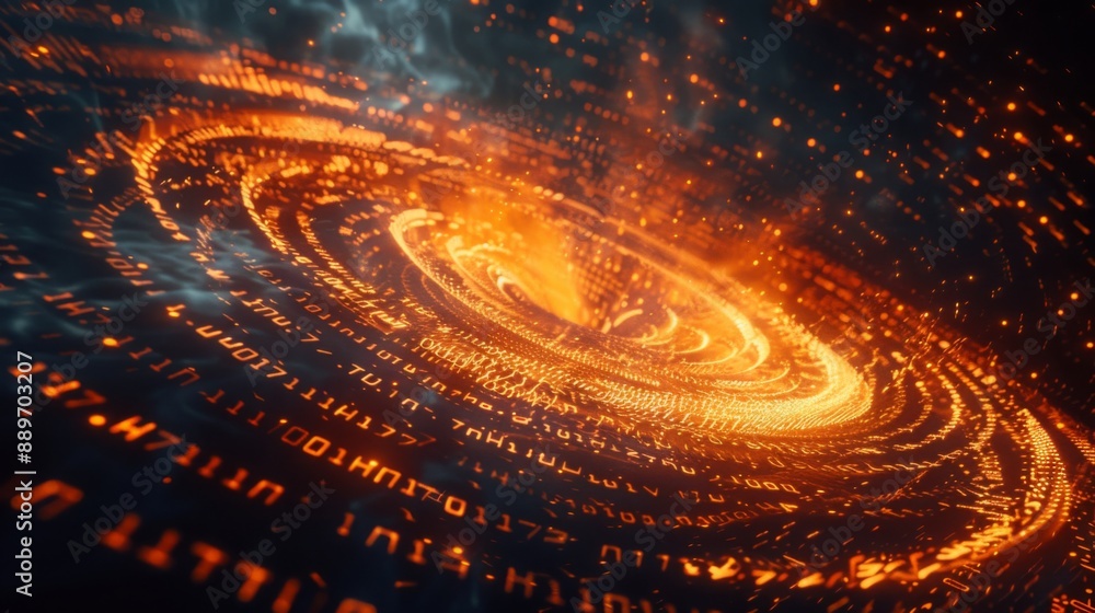 Fototapete A swirling vortex of fiery light and glowing code forms in a dark digital space.