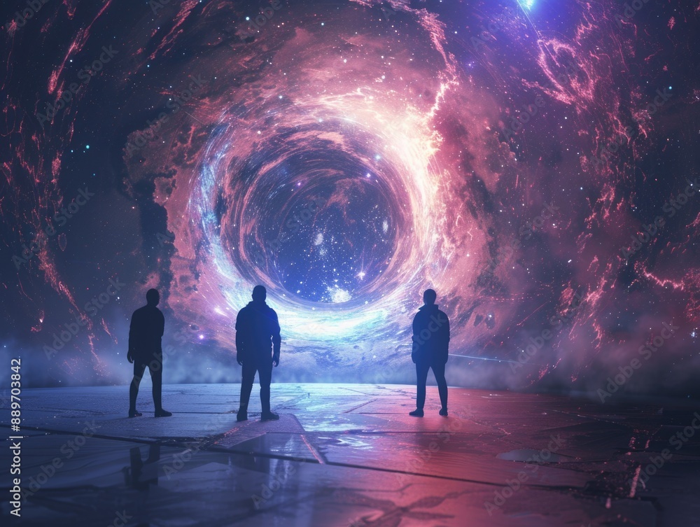 Wall mural three people in front of colorful galaxy