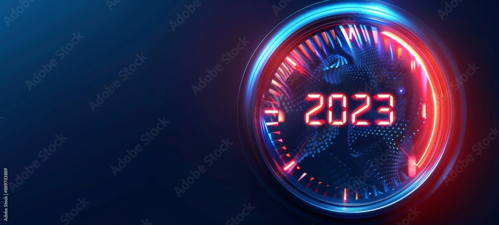 Poster sleek speedometer display with 2023 in futuristic digital design and red illuminated light