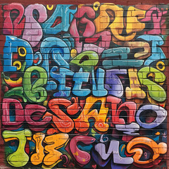 Abstract graffiti alphabet on a brick wall in vibrant colors