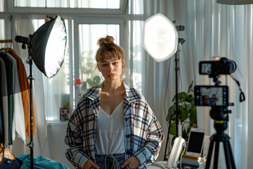 Young fashion blogger posing while recording video content for her internet blog about clothing and fashion