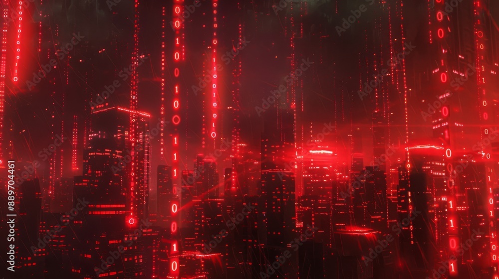 Poster A futuristic cityscape illuminated by red lights and binary code. The scene is dark and mysterious, with the buildings glowing in the distance.