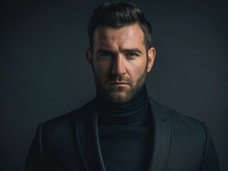 Naklejka premium A man with a long beard wears a black turtle neck sweater, looking stylish