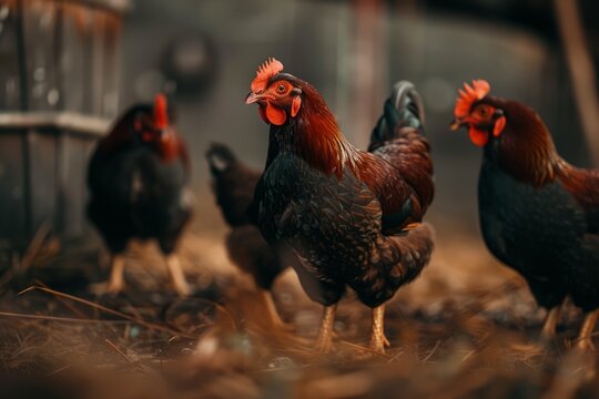 A flock of free-range Marans chickens with dark brown feathers, exploring a farmyard.