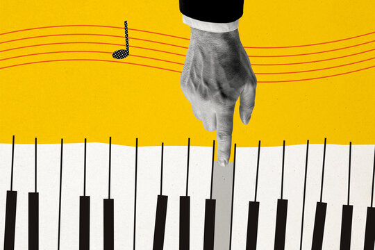 Creative trend collage of hand press key piano play music musician performance template metaphor psychedelic pinup
