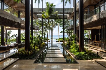 Modern tropical resort with lush greenery and a tranquil pool offering a luxurious escape