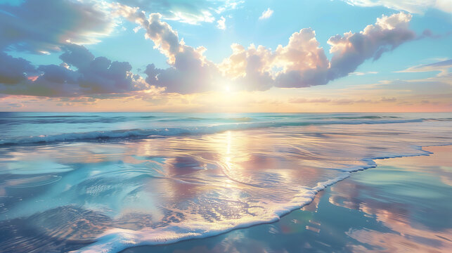 Beautiful beach with calm sea and beautiful sky at sunset, soft pastel colors, photorealistic, hyper realistic, dreamy, peaceful, gentle waves in the background