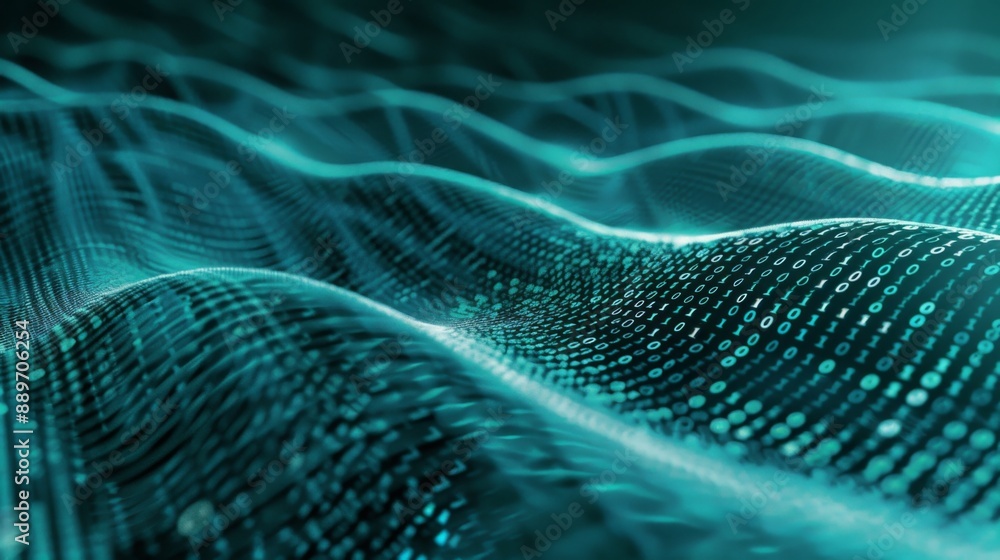 Poster A digital binary code wave background. The abstract image features blue and green tones.