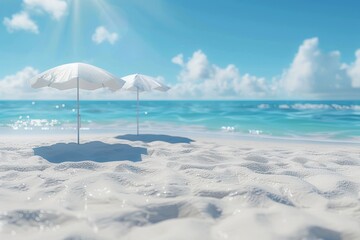 White parasol on a sandy beach with a clear blue sky perfect for a serene summer day