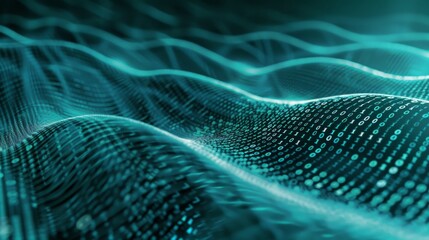 A digital binary code wave background. The abstract image features blue and green tones.